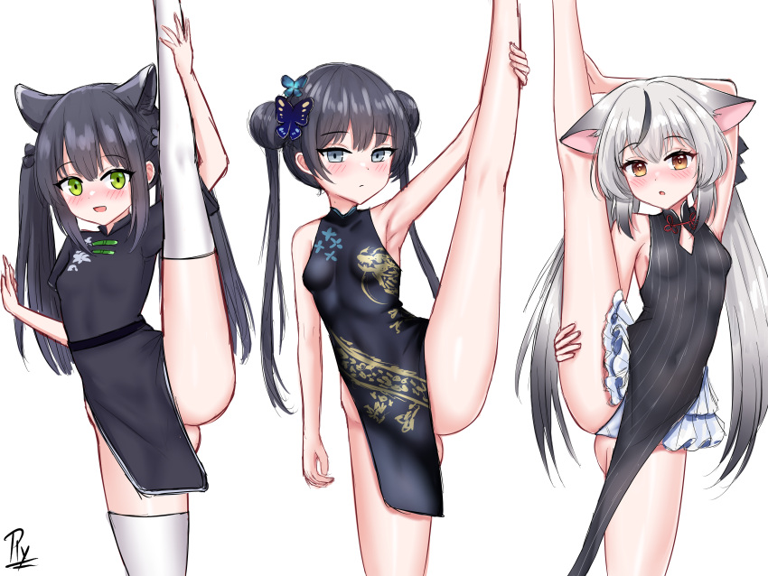 3girls absurdres animal_ears arm_up armpits black_dress black_hair blue_archive breasts butterfly_hair_ornament double_bun dragon_print dress extra_ears green_eyes grey_hair hair_bun hair_ornament highres kisaki_(blue_archive) kneepits kokona_(blue_archive) long_hair multiple_girls no_halo orange_eyes pussy_focus rylaera shun_(blue_archive) shun_(small)_(blue_archive) signature simple_background sleeveless sleeveless_dress small_breasts split standing standing_on_one_leg standing_split striped_clothes striped_dress thighhighs tiger_ears twintails vertical-striped_clothes vertical-striped_dress white_background white_thighhighs