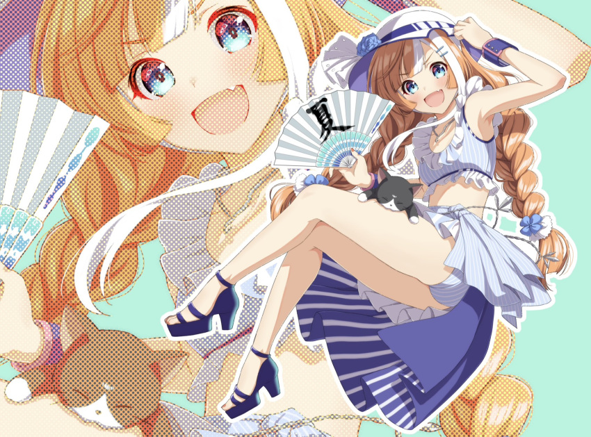 akikawa_yayoi_(umamusume) alternate_hairstyle bikini bikini_skirt blue_eyes blue_footwear blush braid breasts brown_hair feet feline female flower folding_fan hair_ornament hairclip hand_fan hand_on_headwear hat hat_flower highres holding holding_fan jewelry legs long_hair looking_at_viewer matuda_(matudayazo) multicolored_hair nail_polish necklace oerba_yun_fang open_mouth outline platform_footwear platform_heels sandals skin_fang small_breasts smile solo strappy_heels streaked_hair swimsuit toenail_polish toenails toes twin_braids umamusume white_bikini white_hat white_outline wrist_cuffs zoom_layer