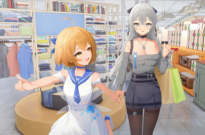 2girls bag black_choker black_pantyhose blonde_hair blue_sailor_collar breasts bronya_zaychik bronya_zaychik_(silverwing:_n-ex) character_request check_character chinese_commentary choker cleavage clothes_shop commentary_request crossed_bangs dress earrings grey_eyes grey_hair grey_skirt grey_sweater grocery_bag hanser_(vtuber) highres holding holding_bag holding_hands honkai_(series) honkai_impact_3rd indoors jewelry large_breasts long_hair long_sleeves looking_at_another looking_back multiple_girls necklace open_mouth pantyhose partial_commentary pointing sailor_collar shopping_bag single_earring skirt smile sweater sweater_tucked_in thighband_pantyhose white_dress wood_cube yellow_eyes