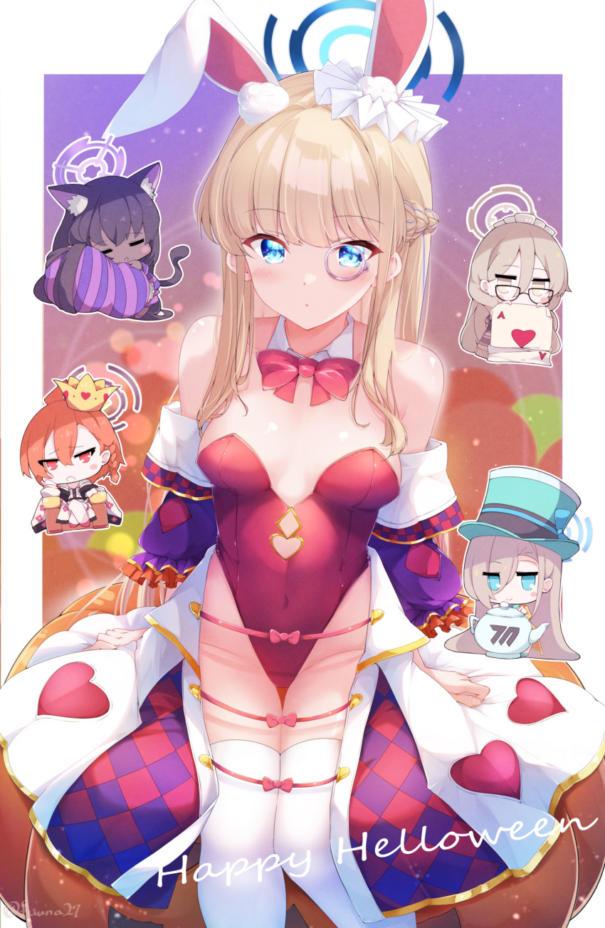 5girls :o absurdres ace_(playing_card) ace_of_hearts akane_(blue_archive) alice_in_wonderland armchair asuna_(blue_archive) black-framed_eyewear black_hair blonde_hair blue_archive blue_eyes blue_hair blue_halo blue_headwear blush blush_stickers braid breasts brown_eyes brown_hair card chair chibi cleaning_&_clearing_(blue_archive) commentary_request covered_mouth covered_navel crown detached_sleeves fuuna glasses hair_between_eyes halo happy_halloween heart highres jack-o'-lantern jacket karin_(blue_archive) leotard long_hair maid_headdress medium_breasts mini_crown mini_person minigirl monocle multicolored_hair multiple_girls neru_(blue_archive) on_chair orange_hair outline pantyhose parted_lips playboy_bunny playing_card puffy_short_sleeves puffy_shorts puffy_sleeves purple_shorts purple_sleeves red_eyes red_footwear red_leotard shoes short_sleeves shorts sitting strapless strapless_leotard streaked_hair striped_clothes striped_jacket teapot thighhighs tilted_headwear toki_(blue_archive) toki_(bunny)_(blue_archive) twitter_username very_long_hair white_jacket white_outline white_pantyhose white_thighhighs