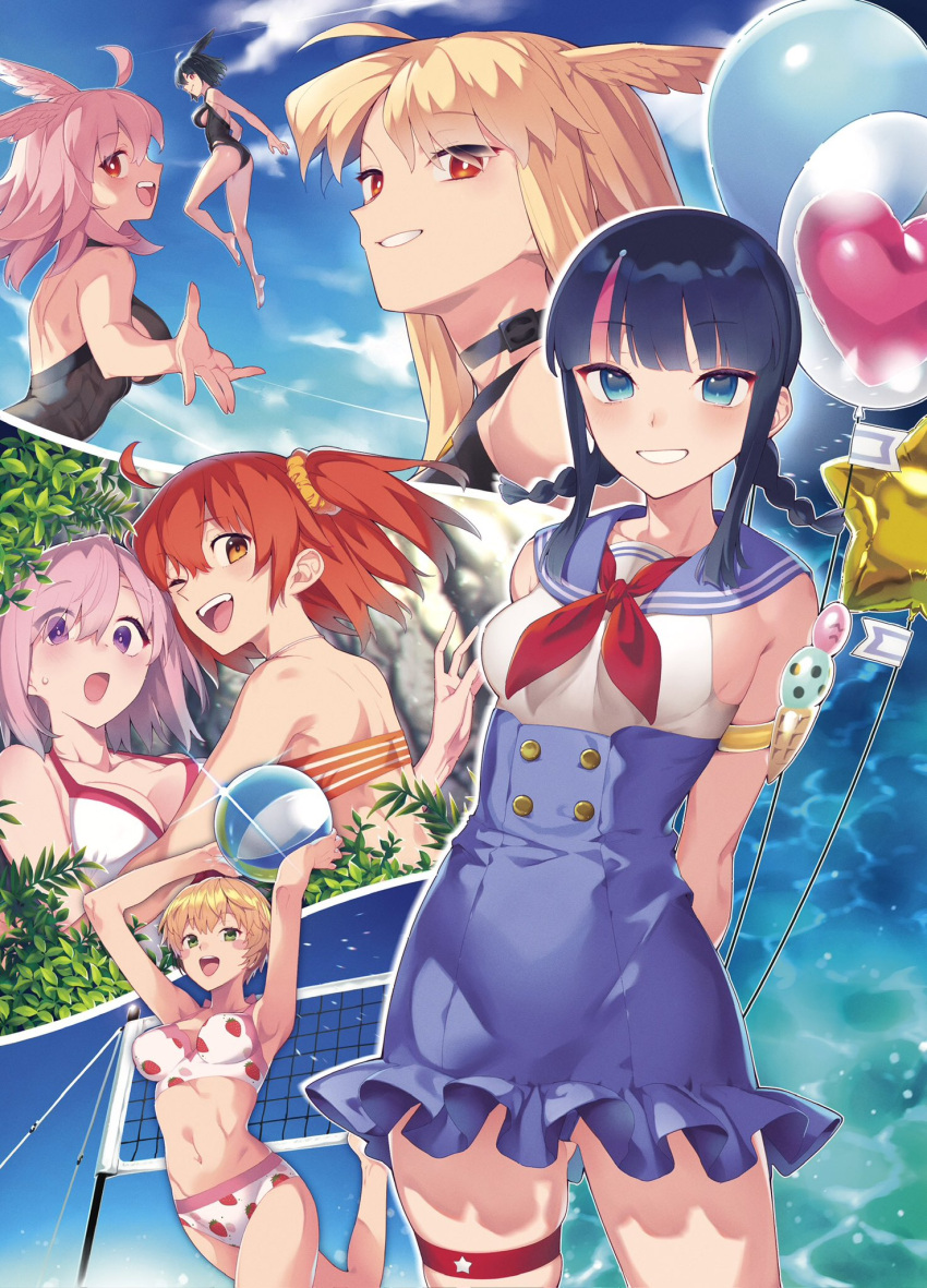 6+girls ahoge armlet ball balloon bare_shoulders beach bikini black_hair black_one-piece_swimsuit blonde_hair blue_eyes blue_sailor_collar blue_skirt blue_sky blush blush_stickers braid breasts buttons choker cleavage collarbone double-breasted fate/grand_order fate_(series) food_print fujimaru_ritsuka_(female) fujimaru_ritsuka_(female)_(brilliant_summer) gareth_(fate) gareth_(swimsuit_saber)_(fate) green_eyes grin hair_flaps hair_ornament hair_over_one_eye hair_scrunchie head_wings highleg highleg_swimsuit highres hildr_(fate) hildr_(swimsuit_assassin)_(fate) large_breasts long_hair looking_at_viewer low_twin_braids mash_kyrielight mash_kyrielight_(swimsuit_of_perpetual_summer) medium_breasts medium_hair mitsurugi_sugar multicolored_hair multiple_girls navel one-piece_swimsuit one_side_up open_mouth orange_bikini orange_eyes orange_hair orange_scrunchie ortlinde_(fate) ortlinde_(swimsuit_assassin)_(fate) pink_bikini pink_hair purple_eyes red_eyes sailor_collar scrunchie short_hair sidelocks skirt sky smile strawberry_print streaked_hair striped_bikini striped_clothes swimsuit thighs thrud_(fate) thrud_(swimsuit_assassin)_(fate) twin_braids utsumi_erice utsumi_erice_(swimsuit_avenger) utsumi_erice_(swimsuit_avenger)_(second_ascension) valkyrie_(fate) volleyball_(object) volleyball_net white_bikini white_one-piece_swimsuit wings