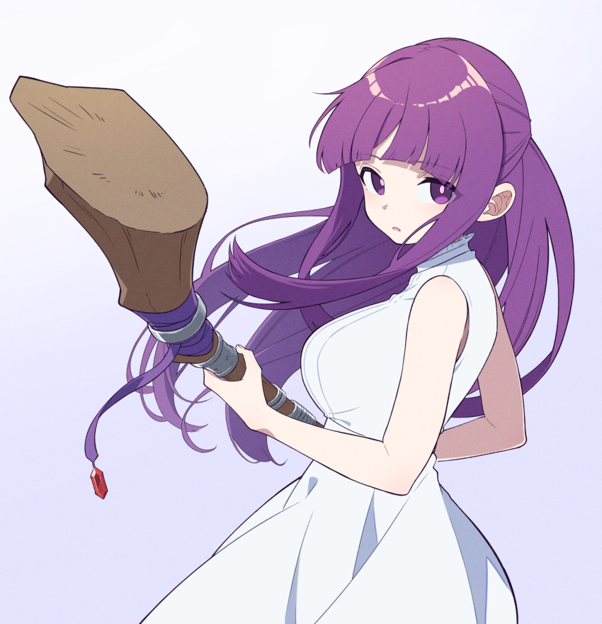 aiming aiming_at_viewer bare_arms bare_shoulders blunt_bangs breasts bright_pupils commentary dress expressionless female fern_(sousou_no_frieren) from_side gradient_background highres hime_cut holding holding_staff holding_stick large_breasts long_hair looking_at_viewer open_mouth parted_lips purple_eyes purple_hair shimizu_tomoki sleeveless sleeveless_dress solo sousou_no_frieren staff stick upper_body white_background white_dress