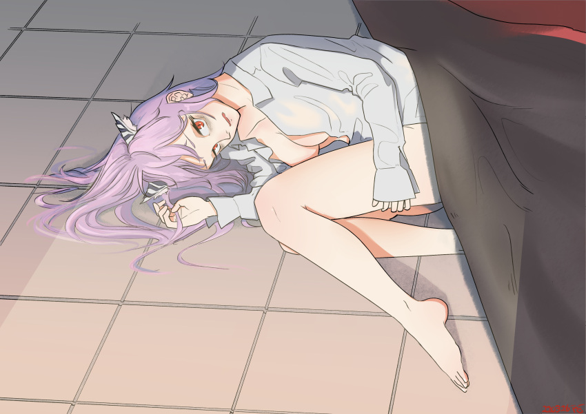 absurdres animal_ears bags_under_eyes bare_legs barefoot blanket blush bottomless breasts cat_ears coat collarbone commentary dated english_commentary feet female girls'_frontline highres lab_coat long_hair long_sleeves looking_at_viewer lying medium_breasts messy_hair naked_labcoat on_floor on_side open_clothes open_coat parted_lips persica_(girls'_frontline) pink_hair radish_p red_eyes signature solo tile_floor tiles toes under_covers