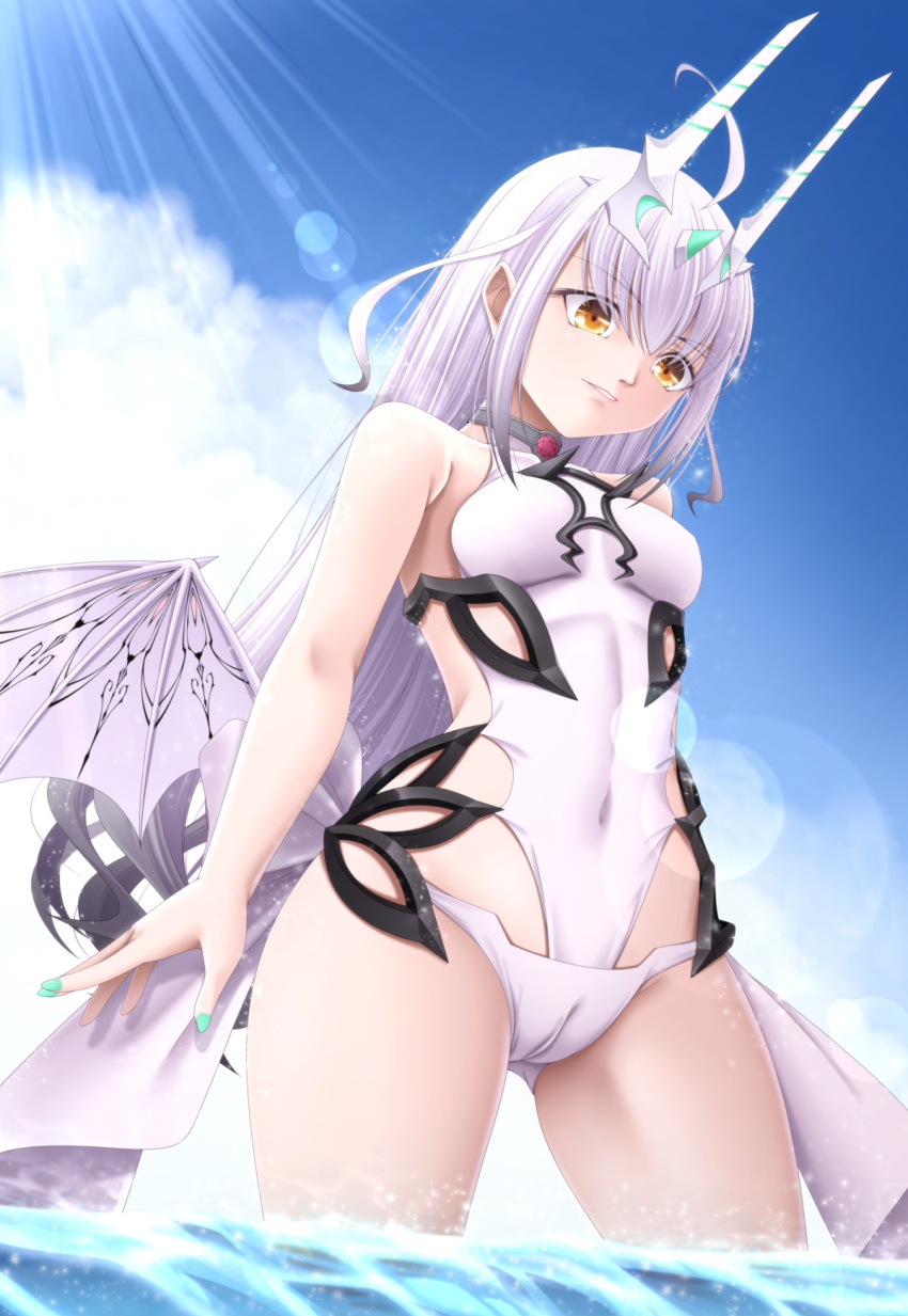 bare_shoulders blue_sky breasts dragon_tail dragon_wings fate/grand_order fate_(series) female forked_eyebrows highres horns long_hair melusine_(fate) melusine_(swimsuit_ruler)_(fate) melusine_(swimsuit_ruler)_(second_ascension)_(fate) one-piece_swimsuit sidelocks sky small_breasts solo swimsuit tail takanashi_tsukasa thighs wading wet white_hair white_one-piece_swimsuit wings yellow_eyes