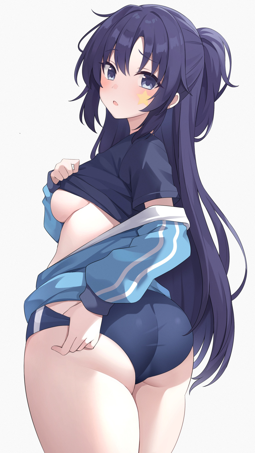 absurdres ass bad_id bad_pixiv_id black_buruma black_shirt blue_archive blush breasts buruma cowboy_shot facial_mark female highres long_hair looking_at_viewer medium_breasts no_bra no_halo official_alternate_costume open_mouth ponytail purple_eyes purple_hair shirt simple_background solo star_(symbol) white_background yuuka_(blue_archive) yuuka_(track)_(blue_archive) zeatto