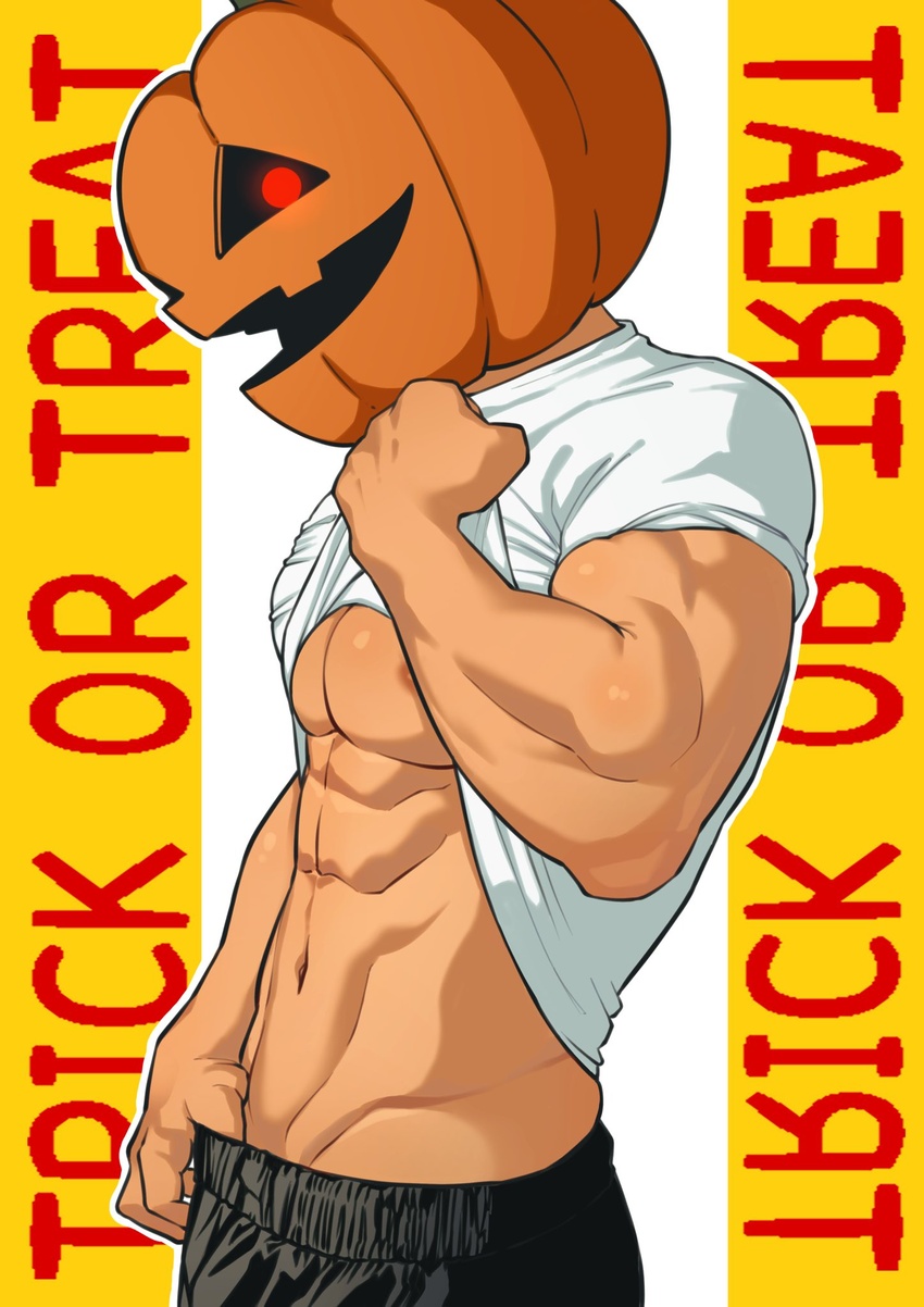 1boy bara clothes_lift cowboy_shot english_text finger_under_clothes from_side glowing glowing_eyes groin halloween halloween_costume hidora_art highres jack-o'-lantern_head large_pectorals lifting_own_clothes looking_at_viewer male_focus muscular muscular_male original pectorals red_eyes shirt shirt_lift sideways_glance solo t-shirt trick_or_treat underpec