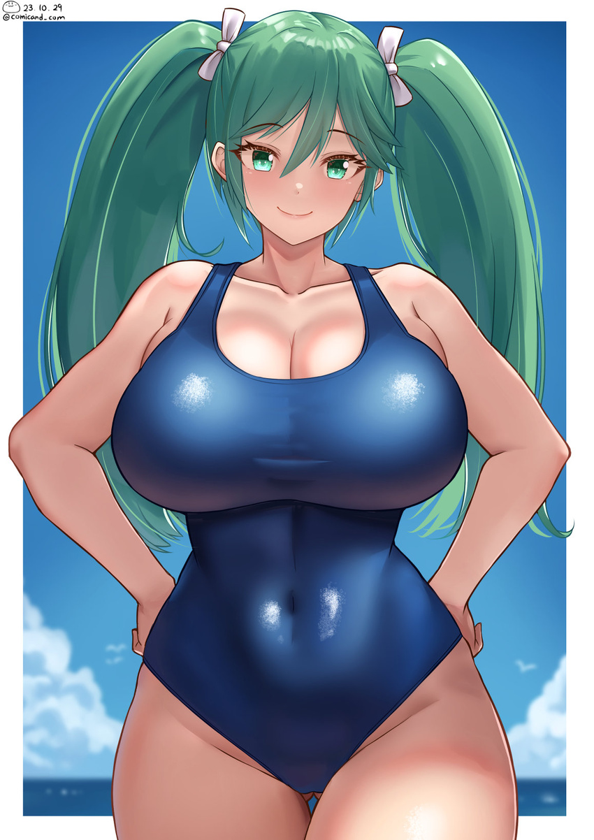 black_hair blue_eyes blue_hair blue_one-piece_swimsuit blush breasts cleavage cloud cloudy_sky competition_school_swimsuit day female hair_ribbon hairband highres isuzu_(kancolle) kantai_collection large_breasts long_hair looking_at_viewer ocean one-piece_swimsuit ribbon school_swimsuit shiromaru_(maniado) sky smile solo swimsuit twintails water