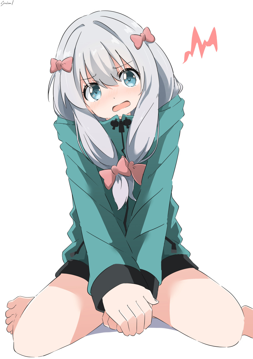 absurdres between_legs blue_eyes bow commentary_request covering_crotch covering_privates cynical_(llcbluckg_c004) eromanga_sensei female green_jacket grey_hair hair_between_eyes hairbow hand_between_legs highres izumi_sagiri jacket light_blush long_hair long_sleeves low-tied_long_hair no_pants open_mouth partial_commentary pink_bow simple_background sitting sleeves_past_wrists solo wariza white_background