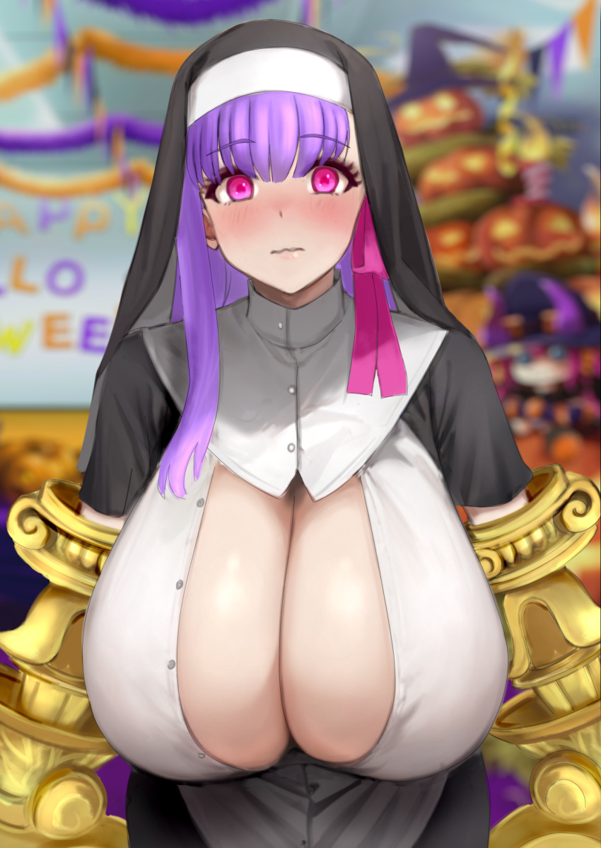 blush breasts claw_(weapon) claws cleavage dress fate/extra fate/extra_ccc fate/grand_order fate_(series) female gigantic_breasts habit hair_ribbon halloween highres long_hair looking_at_viewer nun passionlip_(fate) pink_eyes pink_ribbon purple_hair raskasar ribbon solo very_long_hair wavy_mouth weapon