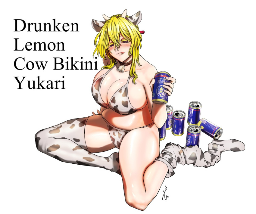 alcohol animal_ears animal_print asymmetrical_legwear bell bikini blonde_hair blush breasts brown_eyes can cleavage closed_mouth commentary_request cow_ears cow_horns cow_print cow_print_bikini cowbell curvy drunk english_text fake_animal_ears female holding holding_can horns koyubi_(littlefinger1988) large_breasts licking_lips long_hair neck_bell parted_bangs plump print_bikini signature simple_background sitting skindentation solo stomach swimsuit thighhighs thighs tongue tongue_out touhou uneven_legwear white_background yakumo_yukari