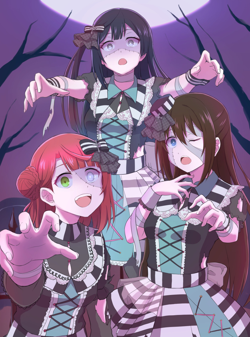 3girls absurdres azuna_(love_live!) bandages black_hair blue_eyes branch brown_hair commentary full_moon green_eyes grey_eyes growth170 hair_bun half_updo halloween heterochromia highres huge_moon long_hair looking_at_viewer love_live! love_live!_nijigasaki_high_school_idol_club maze_town_(love_live!) medium_hair moon multiple_girls night night_sky oerba_yun_fang one_eye_closed one_side_up orange_hair osaka_shizuku purple_background single_side_bun sky smile stitched_face stitches uehara_ayumu yuki_setsuna_(love_live!)