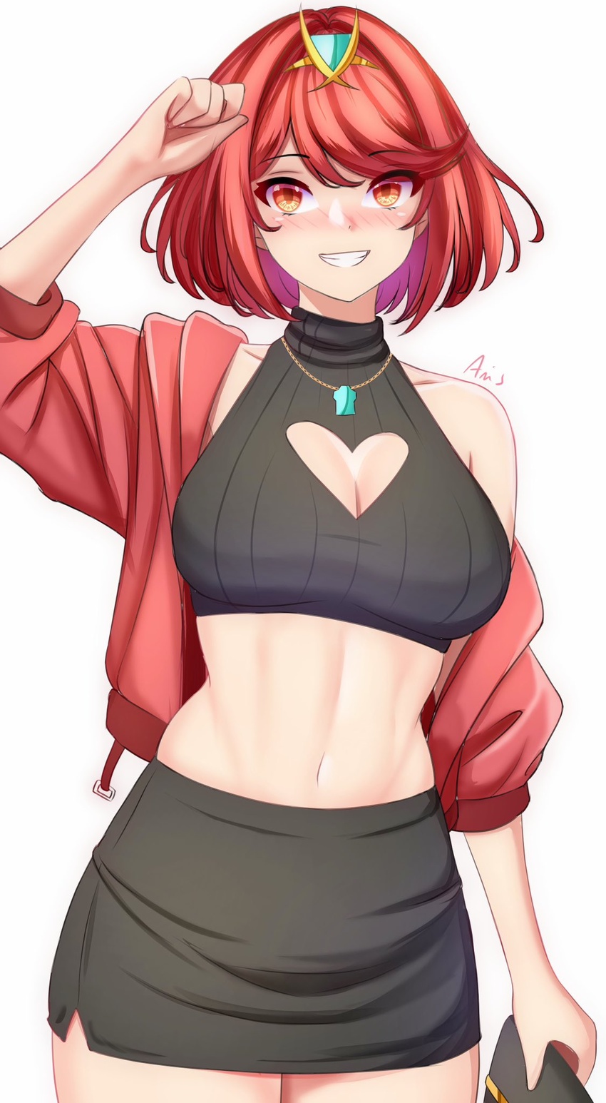 alternate_costume anisdrawn breasts cleavage cleavage_cutout clothing_cutout crop_top female grin heart_cutout highres holding holding_wallet jacket jewelry looking_at_viewer medium_breasts midriff miniskirt navel open_clothes open_jacket pendant pyra_(xenoblade) red_eyes red_hair red_jacket short_hair skirt smile solo teeth tiara wallet white_background women's_wallet xenoblade_chronicles_(series) xenoblade_chronicles_2