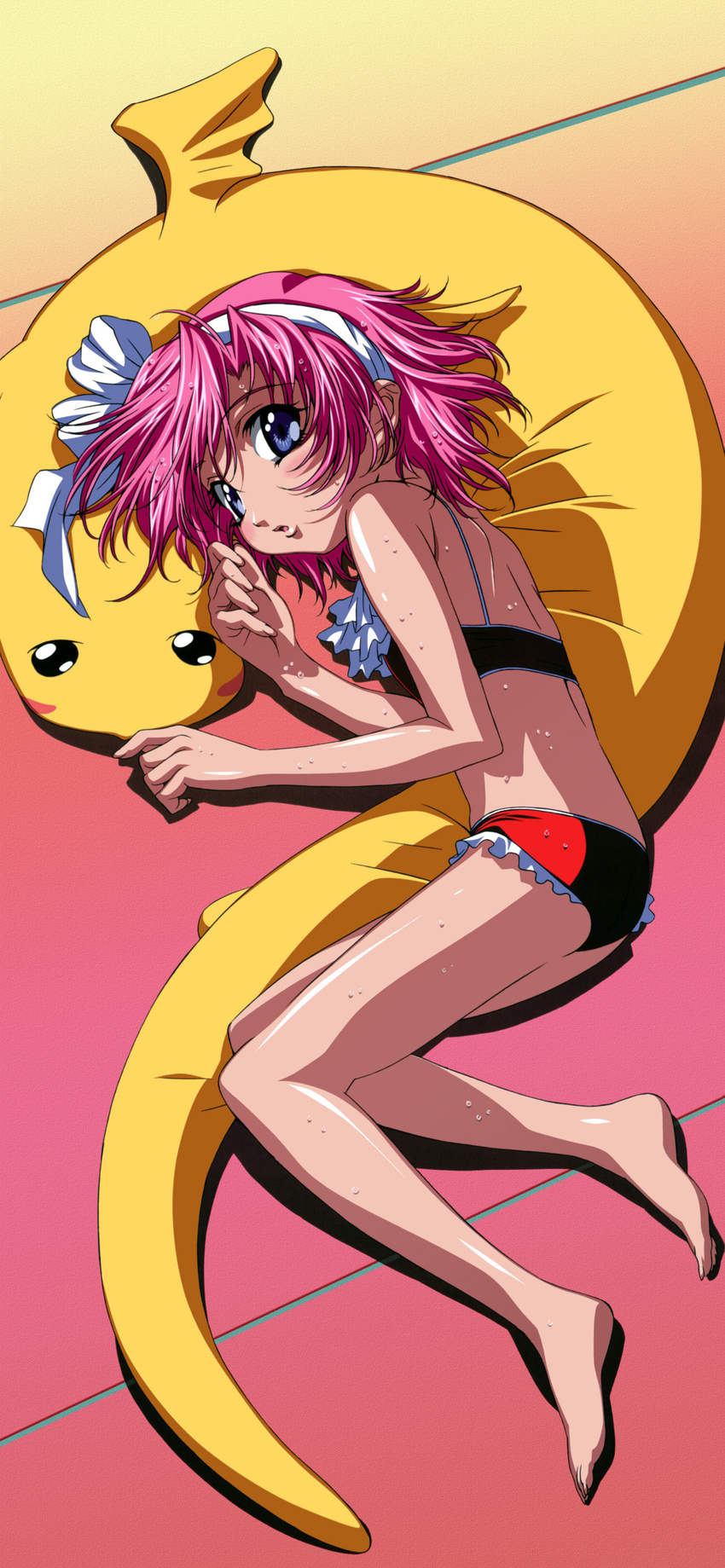 absurdres back barefoot bikini blue_eyes blush dragon feet flat_chest frilled_bikini frills from_above gotou_keiji hairband highres kiddy_grade lolicon looking_up lying on_side open_mouth pink_hair short_hair swimsuit tankini viola viola_(kiddy_grade) wet