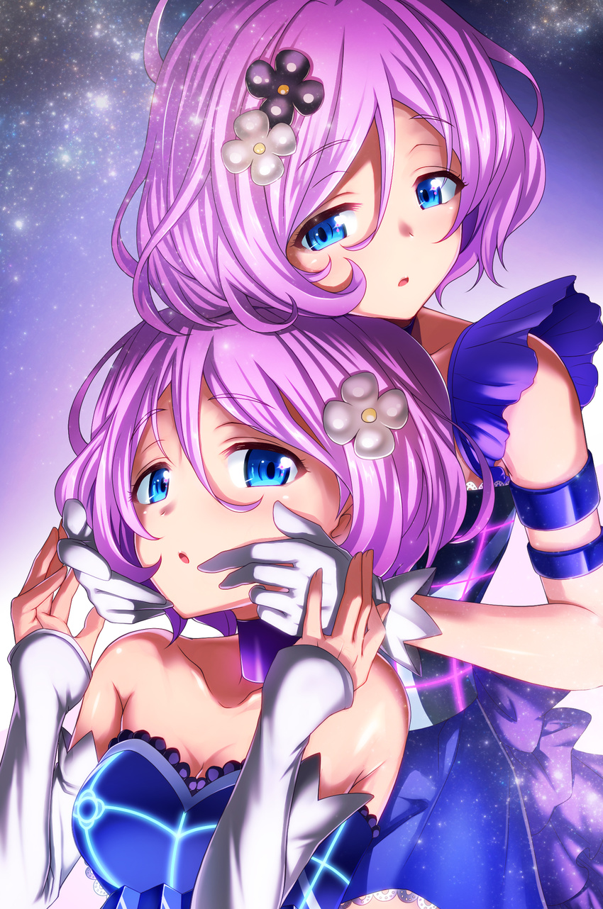 2girls bad_id bad_pixiv_id blue_eyes blush commentary_request detached_sleeves dress emanon123 gloves hair_ornament highres karakuri_futaba karakuri_hitoha looking_at_viewer multiple_girls photoshop_(medium) pink_hair short_hair siblings sisters tokyo_7th_sisters twins