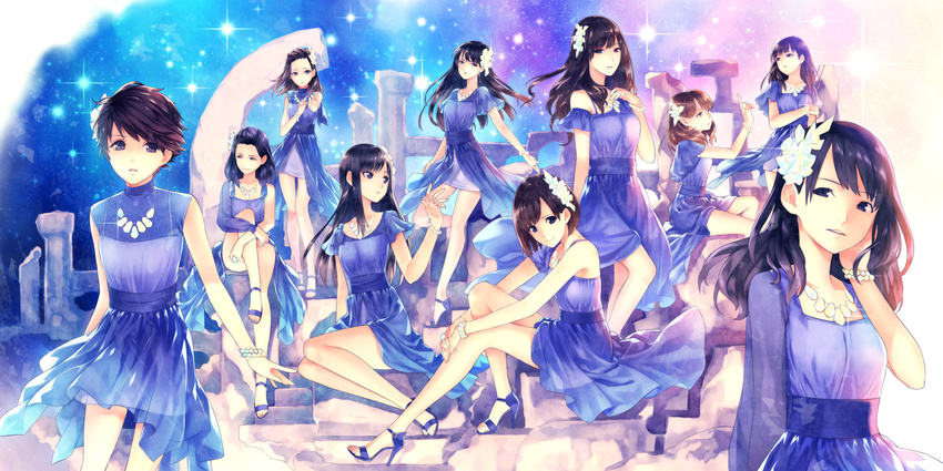 6+girls black_eyes black_hair bracelet brown_hair commentary_request dress flower fukumura_mizuki hair_flower hair_ornament high_heels highres hirano_katsuyuki iikubo_haruna ikuta_erina ishida_ayumi jewelry kudou_haruka_(momusu) michishige_sayumi morning_musume multiple_girls necklace oda_sakura photoshop_(medium) satou_masaki_(momusu) sayashi_riho skirt suzuki_kanon