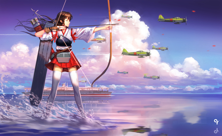 aircraft aircraft_carrier airplane akagi_(aircraft_carrier) akagi_(kancolle) arrow_(projectile) bow_(weapon) brown_hair chinese_commentary closed_eyes commentary dual_persona female gloves highres historical_name_connection imperial_japanese_navy japanese_clothes kantai_collection liang_xing long_hair meme military military_vehicle muneate name_connection object_namesake photoshop_(medium) reflection ship skirt thighhighs vehicle_and_personification warship watercraft waterskiing_(meme) weapon