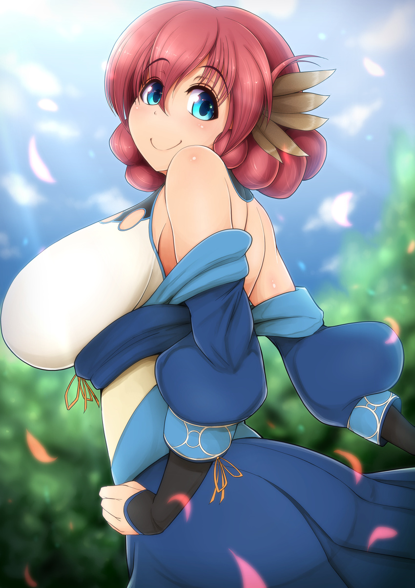 blue_eyes breasts commentary_request female head_wings highres japanese_clothes large_breasts looking_back nosuri obi ponponmaru red_hair sash smile solo utawarerumono utawarerumono:_itsuwari_no_kamen wings