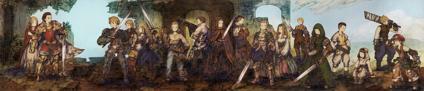 6+boys 6+girls absurdres agrias_oaks alma_beoulve argath_thadalfus armor balthier belt beowulf_cadmus blonde_hair braid brown_hair cidolfus_orlandeau cloud_strife commentary_request delita_heiral final_fantasy final_fantasy_tactics gloves gun hat headband highres knight long_hair luso_clemens maeka_(kumaekake) marach_galthena meliadoul_tengille multiple_boys multiple_girls mustadio_bunansa orran_durai ovelia_atkascha photoshop_(medium) ramza_beoulve rapha_galthena reis_duelar rifle short_hair sword translated weapon wide_image