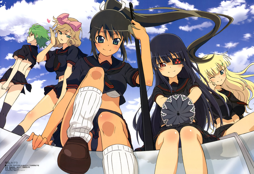 eyepatch haruka_(senran_kagura) hikage homura_(senran_kagura) megami mirai_(senran_kagura) no_bra panties sarashi scan seifuku senran_kagura torii_takashi underwear yomi_(senran_kagura)