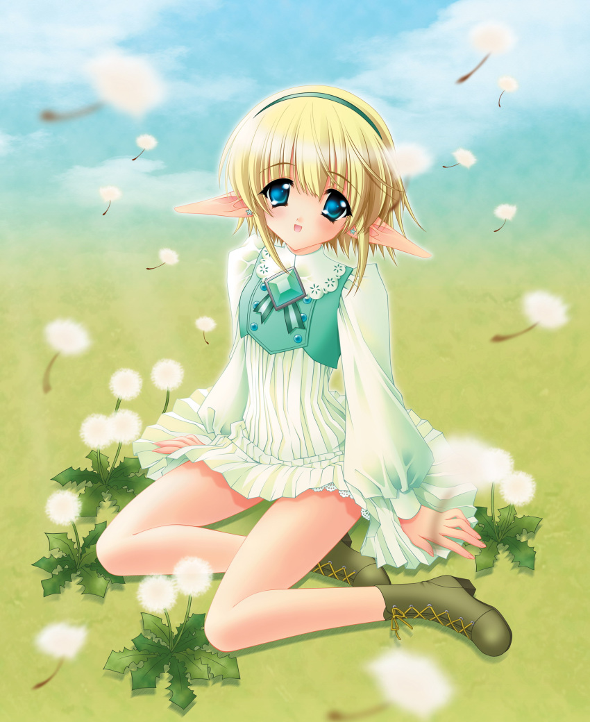 absurd_res annette annette_vaslois biped blonde_hair carnelian dandelion digital_media_(artwork) elf faust_(manga) female flower full-length_portrait hair hi_res high-angle_view humanoid humanoid_pointy_ears long_sleeves moldavite not_furry plant portrait pose short_hair sitting solo yokozuwari