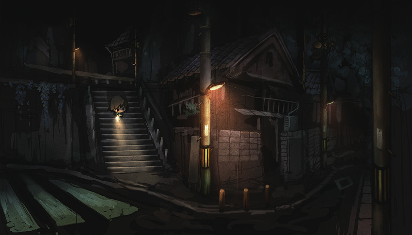 female lamppost night official_art outdoors protagonist_(yomawari) road scenery street yomawari yomawari_(series)