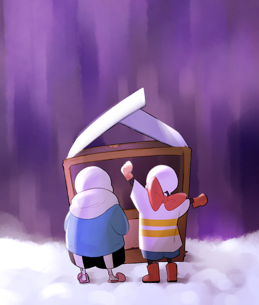 2boys aged_down arm_up back bad_id bad_pixiv_id black_shorts blue_jacket blue_shorts boots bow box brothers cardboard_box clenched_hands from_behind full_body gloves highres hood hoodie jacket long_sleeves male_focus multiple_boys outdoors outstretched_arm papyrus_(undertale) purple_sky red_bow red_footwear red_gloves sans_(undertale) shade shirt short_sleeves shorts siblings skeleton sky slippers snow standing striped t-shirt undertale yamtteng