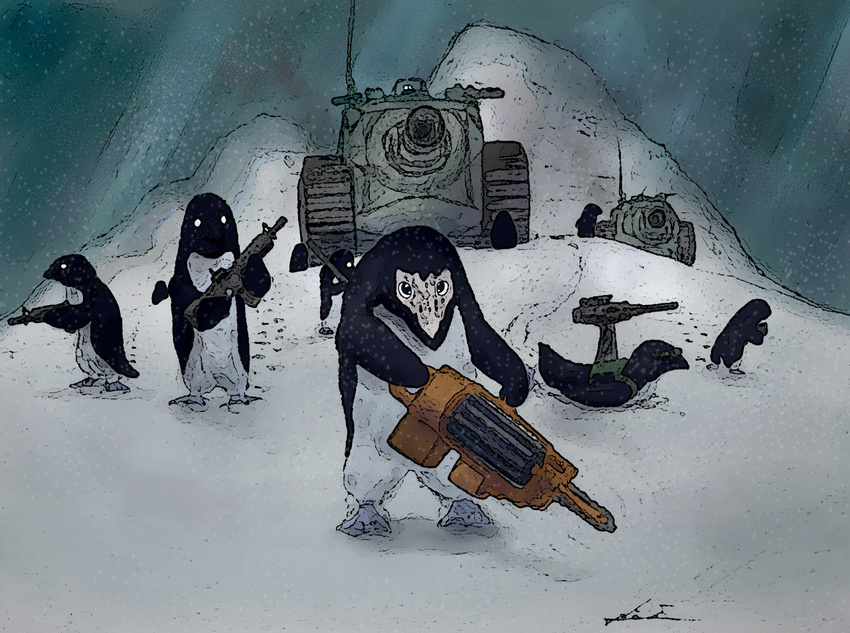 anthro arctic armor avian bird chainsaw eyewear gatling_gun glowing glowing_eyes goggles group gun holt5 looking_at_viewer machine machine_gun male minigun mountain nude penguin power_tool ranged_weapon rifle snow snowing tank tools tracked_vehicle turret vehicle warpaint weapon white_eyes