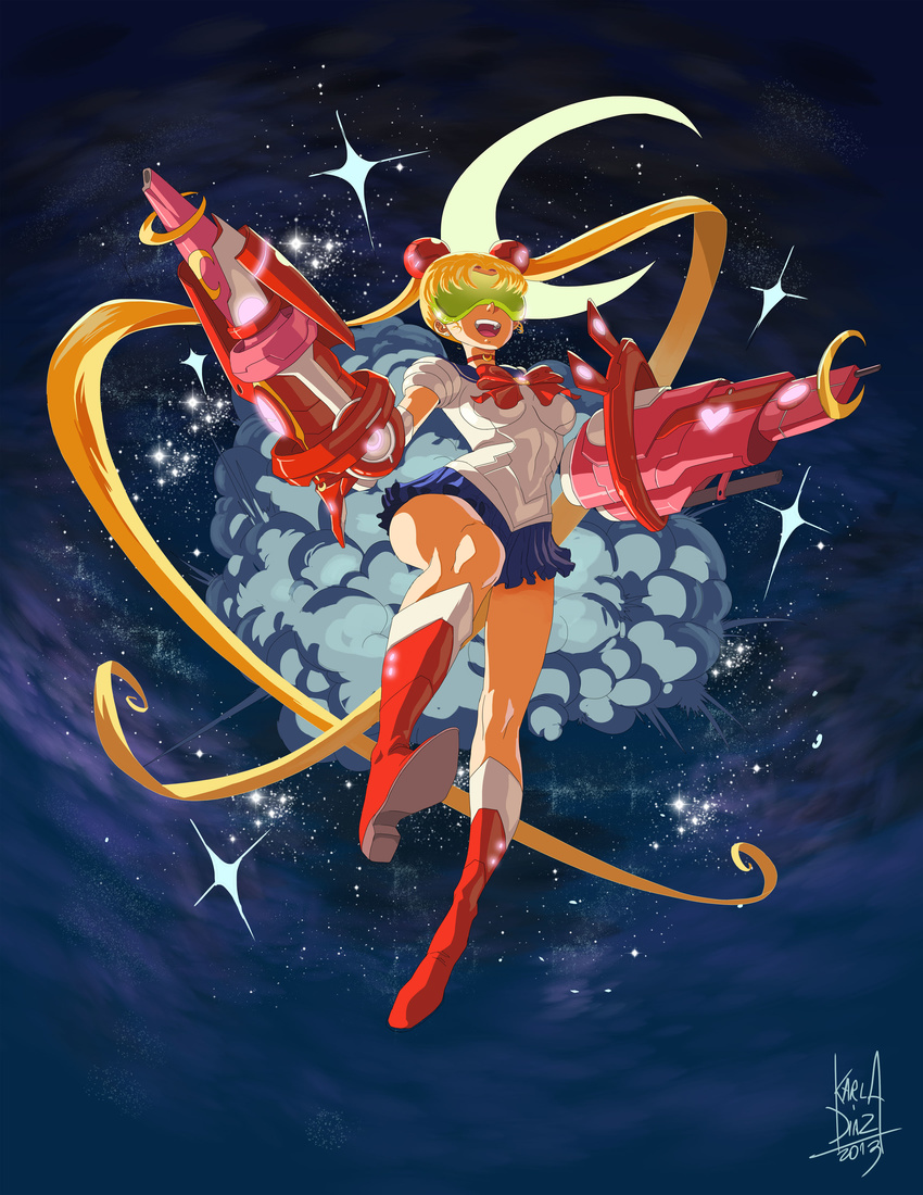 arm_cannon bishoujo_senshi_sailor_moon blonde_hair blue_skirt boots breasts choker crescent crescent_moon double_bun dual_wielding female highres karla_diaz_castro knee_boots long_hair magical_girl mecha_musume moon sailor_collar sailor_moon shooting_glasses skin_tight skirt solo sunglasses tiara tsujin tsukino_usagi twintails weapon