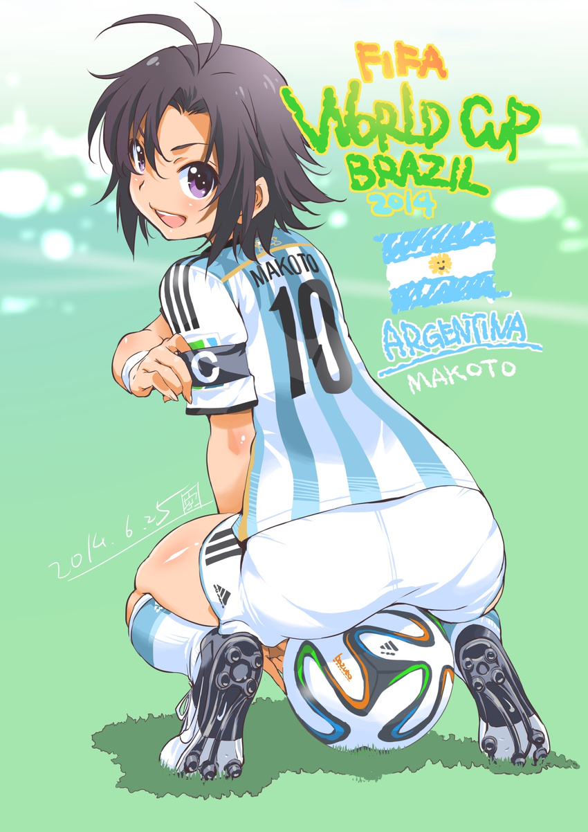 2014_fifa_world_cup :p antenna_hair argentina armband ass ball black_hair black_legwear blush brazuca cleats clothes_writing dated female from_behind highres idolmaster idolmaster_(classic) inoue_sora kikuchi_makoto kneehighs looking_at_viewer looking_back pantylines purple_eyes revision ribbed_legwear short_hair shorts signature sitting sitting_on_ball sitting_on_object smile soccer soccer_ball soccer_uniform socks solo sportswear squatting tongue tongue_out white_shorts world_cup wristband