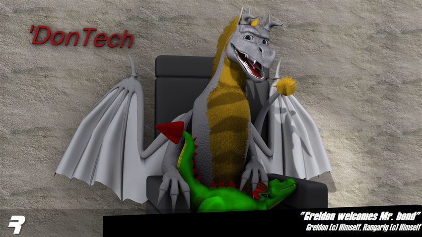 16:9 2012 3d_(artwork) blue_eyes chair claws cuddling digital_media_(artwork) domestic_pet dragon duo english_text european_mythology fangs forked_tongue fur furniture furred_dragon furred_scalie green_body green_scales greldon grey_body grey_scales horn looking_at_viewer membrane_(anatomy) membranous_wings mythological_creature mythological_scalie mythology open_mouth rangarig rangarig_rex scales scalie sharp_teeth sitting small_wings smile tail teeth text tongue western_dragon widescreen wings yellow_body yellow_fur