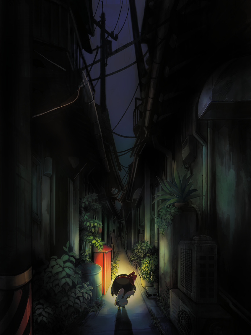 alley bow brown_hair facing_away female hairbow highres night night_sky official_art outdoors plant power_lines protagonist_(yomawari) shadow sky vanishing_point yomawari yomawari_(series)