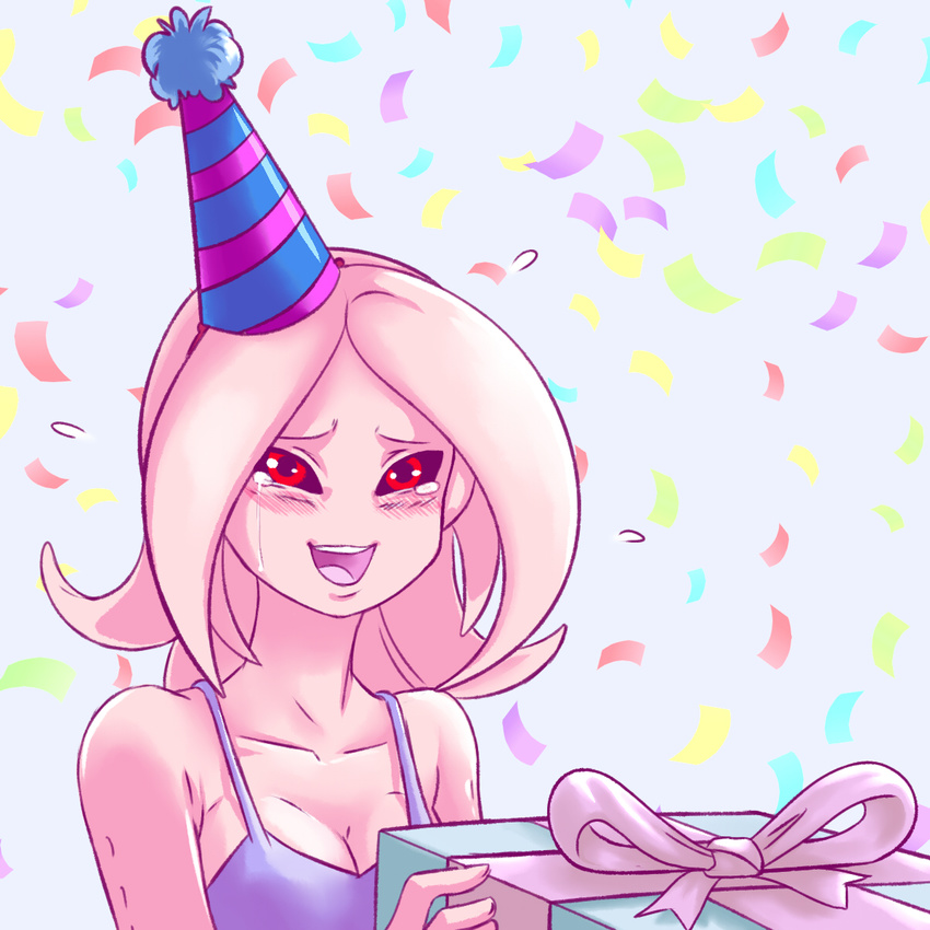 4chan :d bare_shoulders birthday black_sclera blue_background blush breasts cleavage collarbone colored_sclera colored_skin commentary_request confetti crying crying_with_eyes_open dragon_ball dragon_ball_xenoverse female female_majin flying_sweatdrops gift happy hat highres holding imageboard_colors long_hair medium_breasts open_mouth party_hat pink_hair pink_skin plague_of_gripes purple_ribbon purple_shirt red_eyes ribbon shirt simple_background smile solo striped_clothes striped_headwear tank_top tears