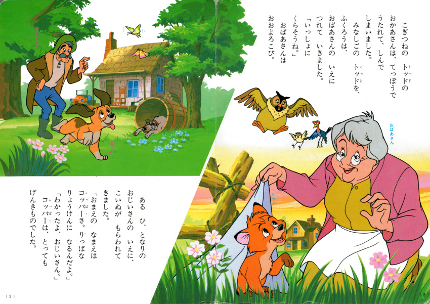 ambiguous_gender amos_slade avian big_mama_(tfath) bird bloodhound boomer_(tfath) canid canine canis children's_book clothed clothing copper_(tfath) dinky_(tfath) disney domestic_dog elderly_female female feral fox group human hunting_dog japanese_text male mammal mature_female mature_human mature_male old oscine owl passerine picid red_fox scent_hound sparrow text the_fox_and_the_hound tod_(tfath) translated true_fox unknown_artist widow_tweed woodpecker