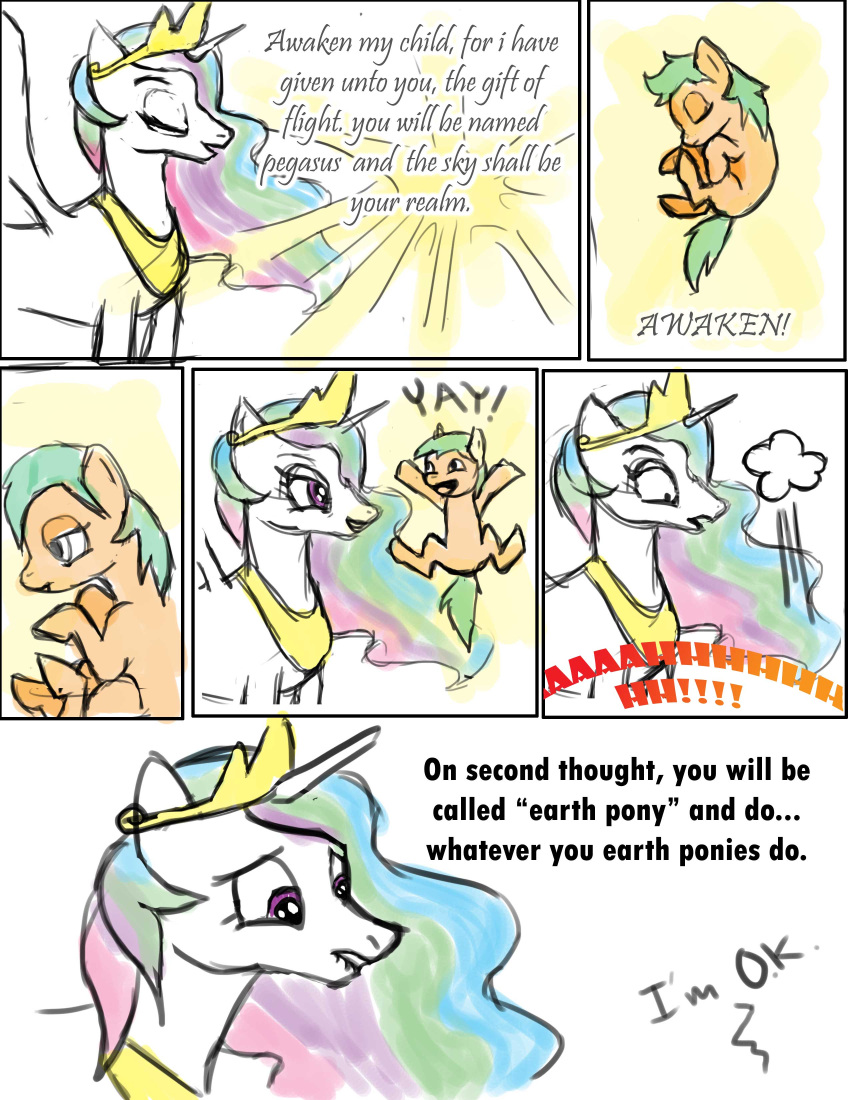 absurd_res alicorn comic creation creature_creation duo english_text equid equine falling feathered_wings feathers female feral friendship_is_magic hasbro hi_res horn mammal my_little_pony mythological_creature mythological_equine mythology oops princess princess_celestia_(mlp) royalty text unknown_artist white_body white_feathers wings yay