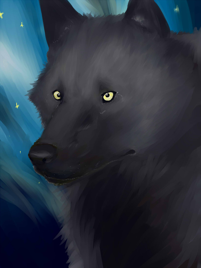 3:4 ambiguous_gender black_body black_fur black_lips black_nose bust_portrait canid canine canis digital_media_(artwork) digital_painting_(artwork) feral fur hi_res lips long_mouth mammal night no_sclera portrait roarwolf sky snout solo star starry_sky wolf yellow_eyes