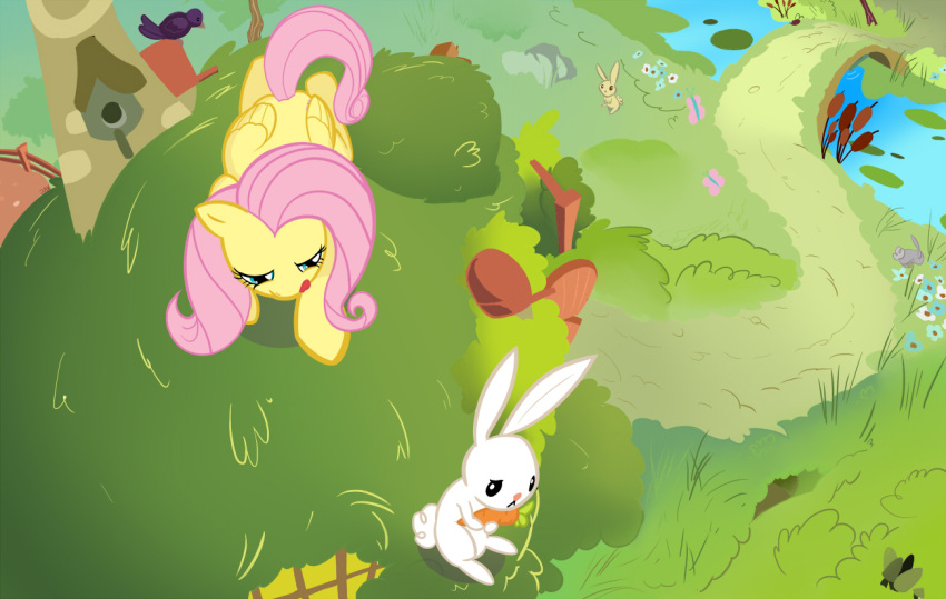 angel_(mlp) avian bird carrot equid equine feathered_wings feathers female feral fluttershy_(mlp) food friendship_is_magic grass group hasbro imminent_rape jav javkiller lagomorph leporid mammal my_little_pony mythological_creature mythological_equine mythology pegasus plant rabbit river sneaking tail tongue tree vegetable wings wood yellow_body yellow_feathers