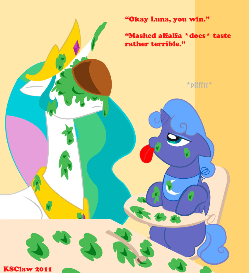 2011 alfalfa alicorn artist_name blue_body blue_feathers bowl container duo english_text equid equine feathered_wings feathers female feral food friendship_is_magic fruit hasbro hi_res high_chair horn ksclaw legume mammal my_little_pony mythological_creature mythological_equine mythology plant princess_celestia_(mlp) princess_luna_(mlp) tail text unavailable_at_source white_body white_feathers wings year