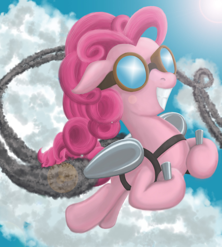 2011 cloud earth_pony equid equine eternal-equilibrium eyewear female feral friendship_is_magic fur goggles hasbro hi_res horse jet_pack lens_flare mammal my_little_pony outside pink_body pink_fur pinkie_pie_(mlp) pony sky smoke solo