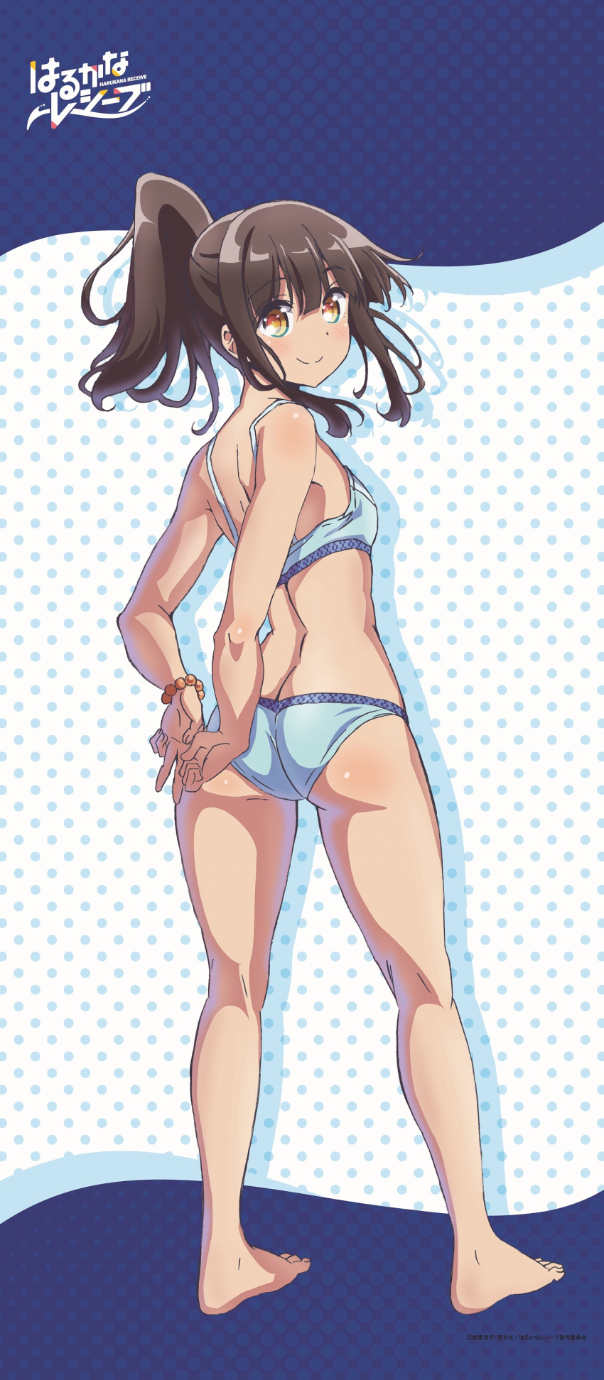 absurdres arms_behind_back ass back bare_legs bead_bracelet beads bikini blue_bikini blush bracelet breasts brown_eyes brown_hair closed_mouth feet female harukana_receive higa_kanata highres jewelry legs looking_at_viewer looking_back medium_hair official_art photoshop_(medium) pointing pointing_down polka_dot polka_dot_background ponytail simple_background small_breasts smile solo standing swimsuit