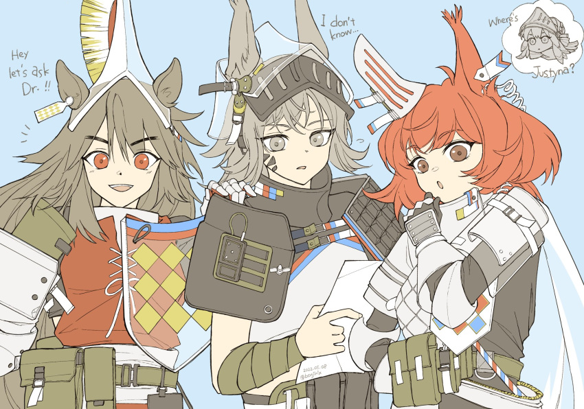 3girls :o animal_ears arknights arm_wrap armor ashlock_(arknights) belt_pouch blue_background bonjirix breastplate brown_eyes brown_hair ear_covers ear_tag earpiece ears_through_headwear english_text fartooth_(arknights) flametail_(arknights) gambeson gauntlets green_bag grey_eyes grey_hair grey_shirt highres holding holding_paper horse_ears looking_at_viewer multiple_girls open_mouth orange_eyes orange_shirt paper pouch red_hair shirt simple_background spoken_character squirrel_ears thick_eyebrows thought_bubble upper_body v-shaped_eyebrows visor_(armor) wild_mane_(arknights)