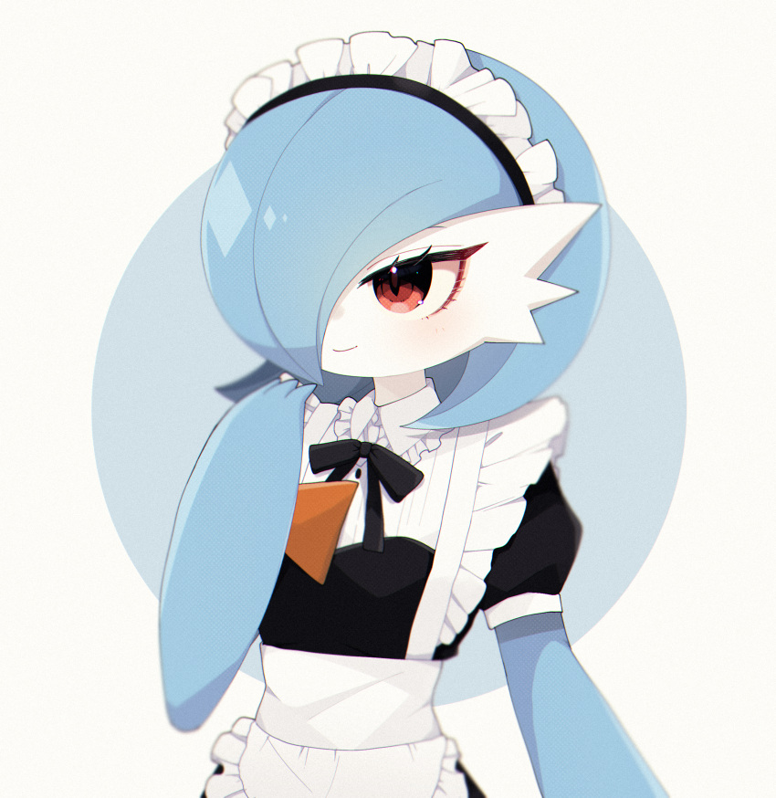 absurdres alternate_color apron black_dress black_ribbon blue_hair blue_skin blurry blush bob_cut chromatic_aberration closed_mouth clothed_pokemon collared_dress colored_skin commentary_request depth_of_field dress female flat_chest frilled_apron frills gardevoir hair_over_one_eye hand_to_own_mouth hand_up happy highres light_blush maid maid_apron maid_headdress multicolored_skin neck_ribbon one_eye_covered partial_commentary pokemon pokemon_(creature) puffy_short_sleeves puffy_sleeves ribbon shiny_pokemon short_hair short_sleeves shuri_(pixiv_12750616) simple_background smile solo standing two-tone_background two-tone_skin upper_body white_apron white_background white_skin