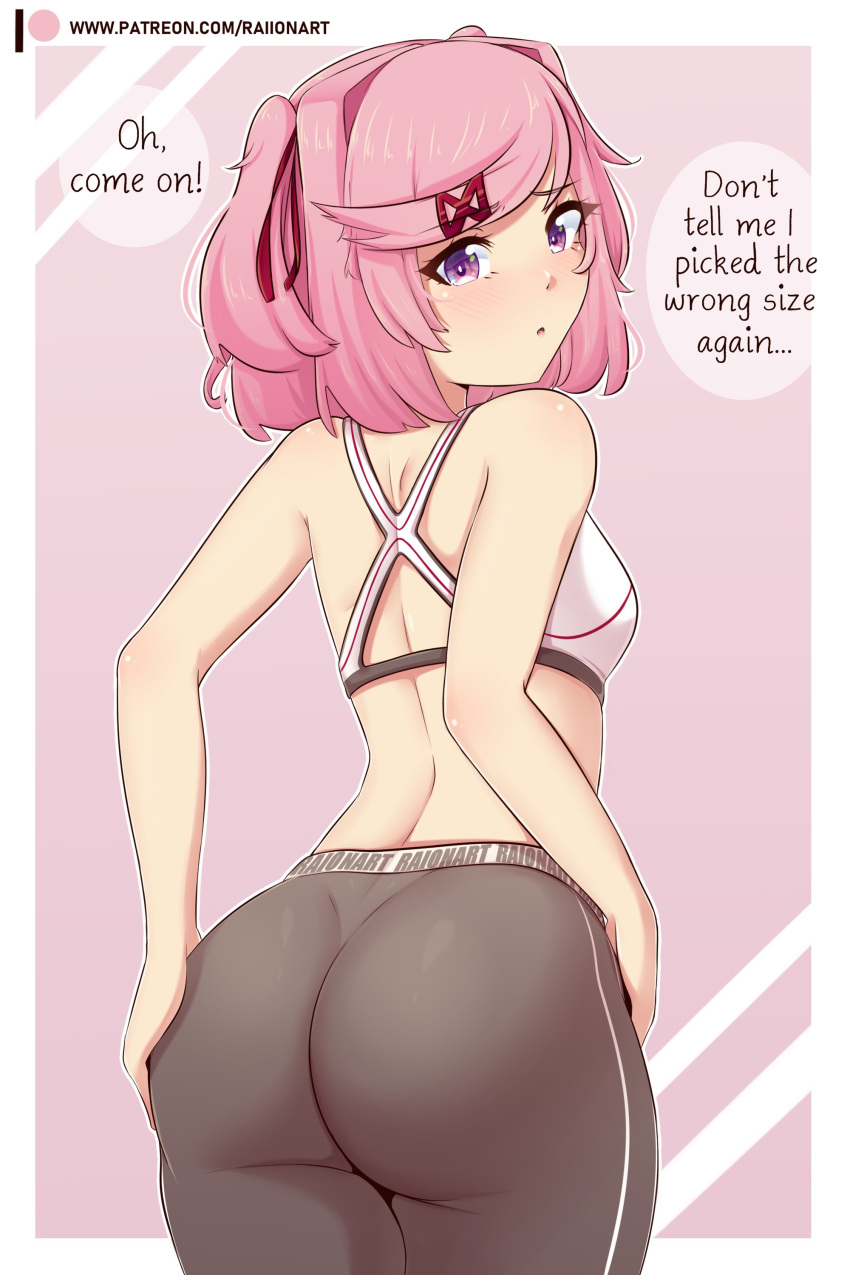 absurdres alternate_costume ass bare_arms bare_shoulders breasts commentary cowboy_shot doki_doki_literature_club english_commentary english_text female from_behind hair_ornament hair_ribbon hairclip hand_on_own_ass highres looking_at_viewer looking_back medium_hair midriff natsuki_(doki_doki_literature_club) patreon_username pink_background pink_hair purple_eyes raion_(raionart) red_ribbon ribbon simple_background small_breasts solo swept_bangs two_side_up