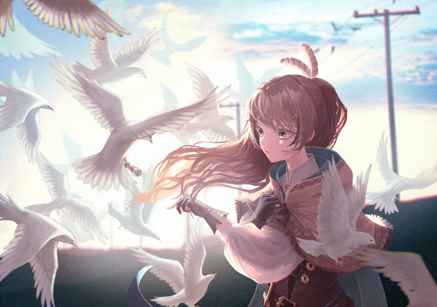 absurdres backlighting belt_buckle bird blu_(bluart_) brown_cloak brown_eyes brown_gloves brown_hair buckle cape cloak commentary dove english_commentary feather_hair_ornament feathers female gloves grabbing green_cape hair_ornament hieroglyphics highres hololive hololive_english long_hair nanashi_mumei nanashi_mumei_(1st_costume) paper_roll partially_fingerless_gloves power_lines solo utility_pole virtual_youtuber white_bird