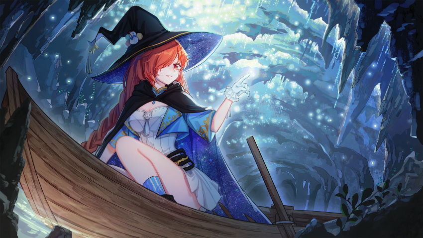 boat breasts cave cleavage commission commissioner_upload female gloves hair_over_one_eye hat highres naozi night original red_eyes red_hair scarlet_destiny scenery sitting smile solo watercraft white_gloves witch witch_hat