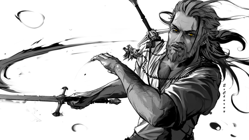 1boy beard chest_hair english_commentary excharny facial_hair geralt_of_rivia half-closed_eyes highres holding holding_sword holding_weapon jewelry long_hair male_focus manly monochrome necklace pectorals scar shirt short_sleeves simple_background sleeves_pushed_up solo spot_color sword teeth the_witcher_(series) the_witcher_3 weapon weapon_on_back white_background white_hair witcher_medallion yellow_eyes