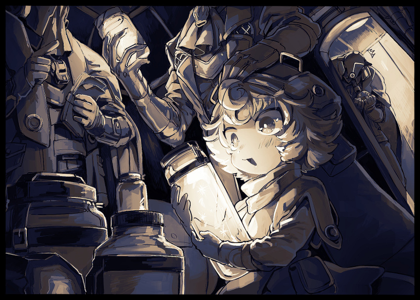 3boys ^^^ akamtvahosi ascot black_border bondrewd border bright_pupils brown_theme coat commentary_request covered_face creature curly_hair dutch_angle female gloves glowing gueira_(made_in_abyss) hands_up hat head_out_of_frame headpat highres holding holding_creature holding_jar indoors jar lolicon long_sleeves made_in_abyss mask meinya_(made_in_abyss) monochrome multiple_boys open_clothes open_coat open_mouth overcoat peeking_out pointing pouch prushka short_hair sparkle standing tube whistle whistle_around_neck