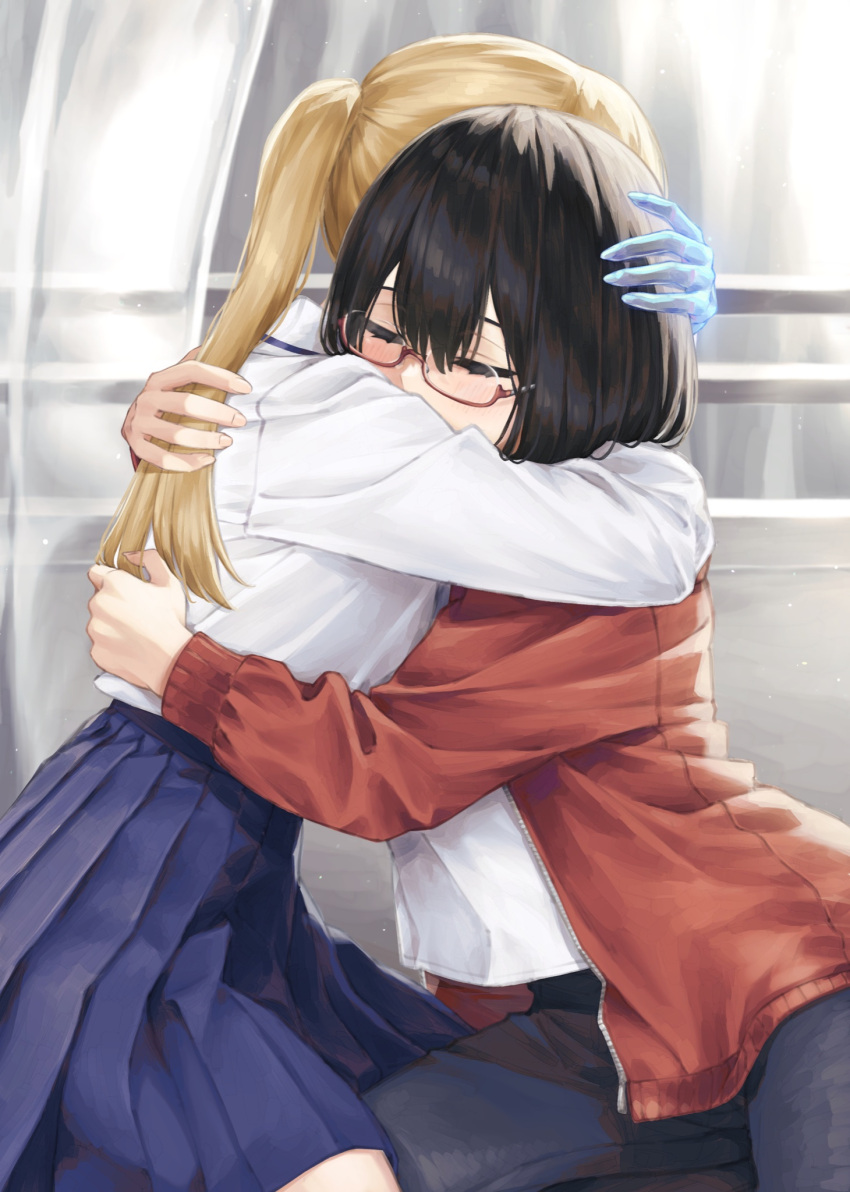 2girls banana_oekaki black_hair blonde_hair blue_skirt brown_hair closed_eyes glasses highres hood hoodie hug kamikoshi_sorawo multiple_girls mutual_hug nishina_toriko ponytail red_hoodie short_hair skirt transparent_hand urasekai_picnic yuri