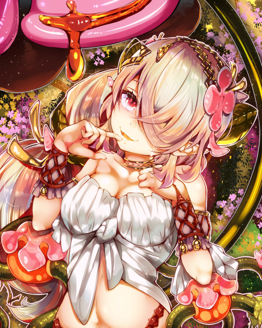 breasts cleavage duel_monster female flower frilled_tube_top frills hair_flower hair_ornament hair_over_one_eye highres honey large_breasts long_hair looking_at_viewer navel nectar oerba_yun_fang open_mouth pink_hair red_eyes sato_(yuki0634) smile solo strapless traptrix_pinguicula tube_top white_tube_top yu-gi-oh!