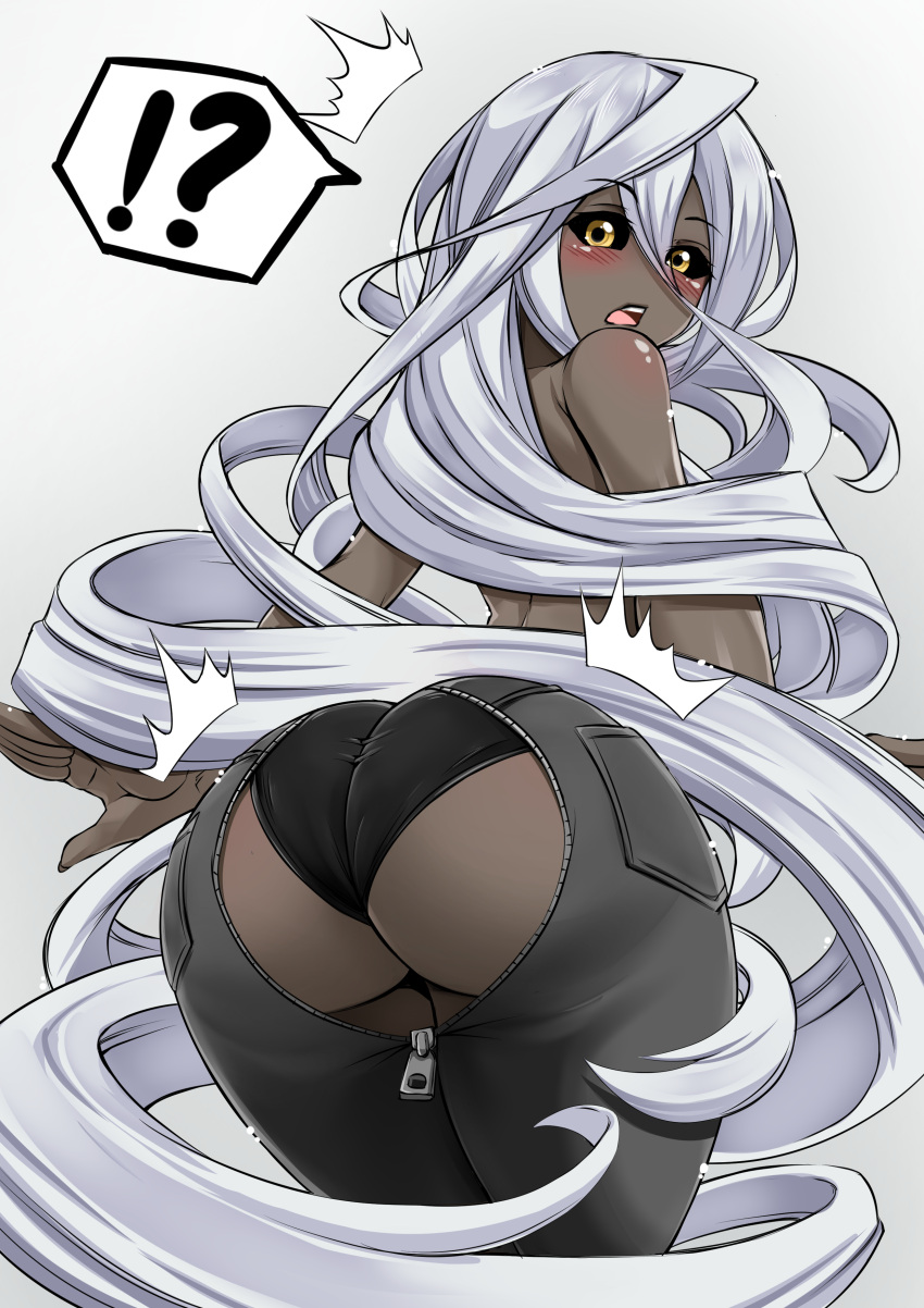 !? absurdres ass ass_focus black_sclera blush colored_sclera denim doppel_(monster_musume) female highres inconvenient_ass jeans long_hair looking_back monster_musume_no_iru_nichijou open_mouth panties pants solo speech_bubble surprised underwear unzipped very_long_hair virusotaku white_background white_hair yellow_eyes zipper zipper_pull_tab