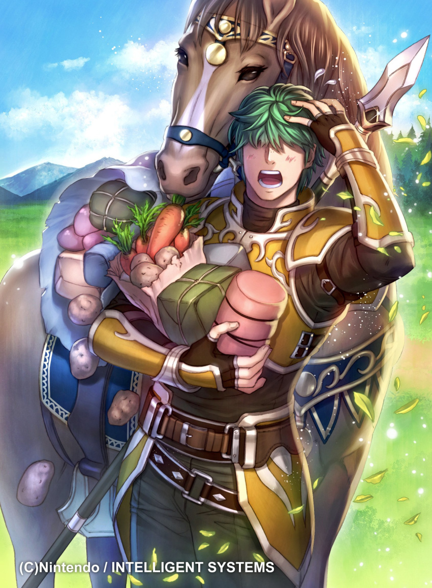 1boy aqua_hair armor belt blush carrot commentary_request day fingerless_gloves fire_emblem fire_emblem:_the_blazing_blade fire_emblem_cipher food freckles gloves grass highres horse kh_kyo_hibiki leaf lowen_(fire_emblem) male_focus official_art open_mouth outdoors polearm potato sky solo sparkle spear teeth weapon